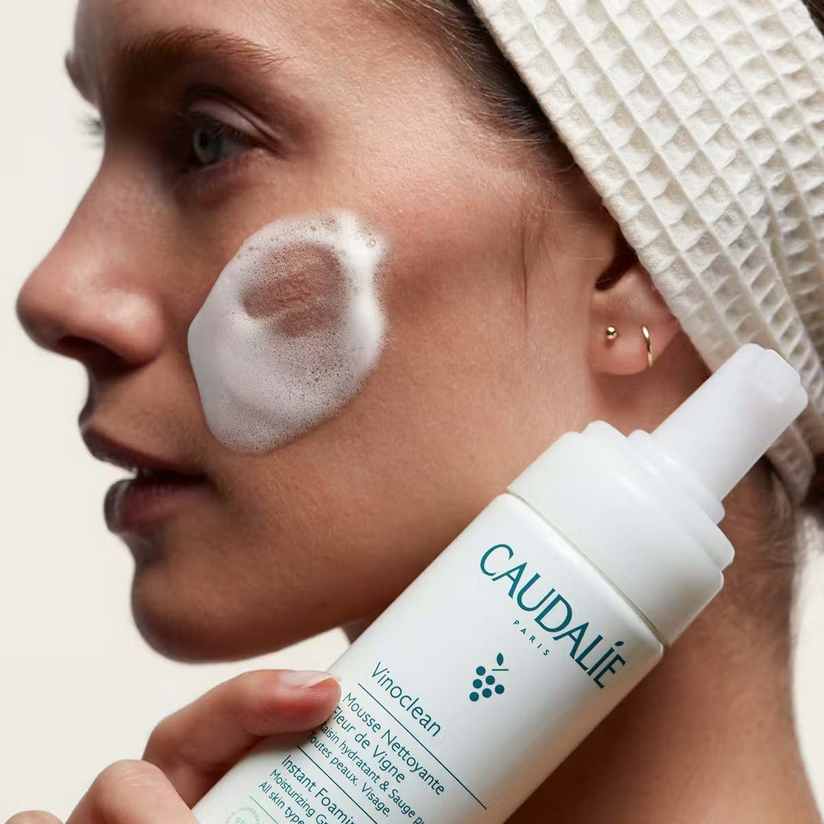 Caudalie Vinoclean Gentle Foaming Cleanser soap-free daily face wash bottle, alternate angle