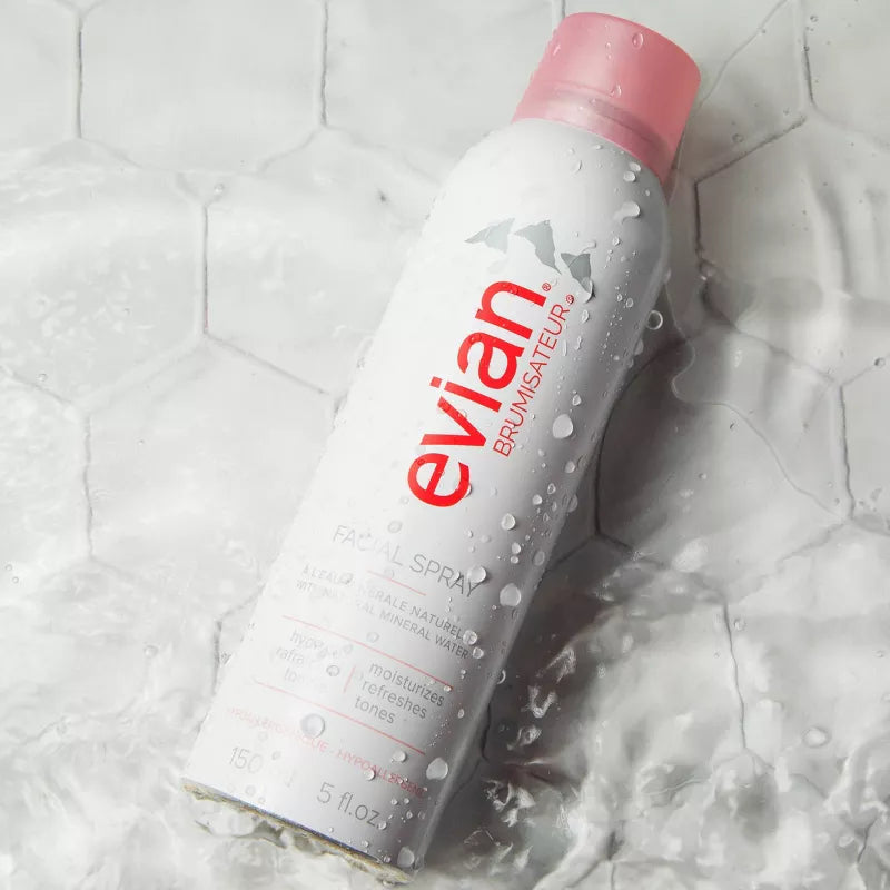 Evian Facial Spray alpine mineral water mist aerosol can on white background, packaging detail