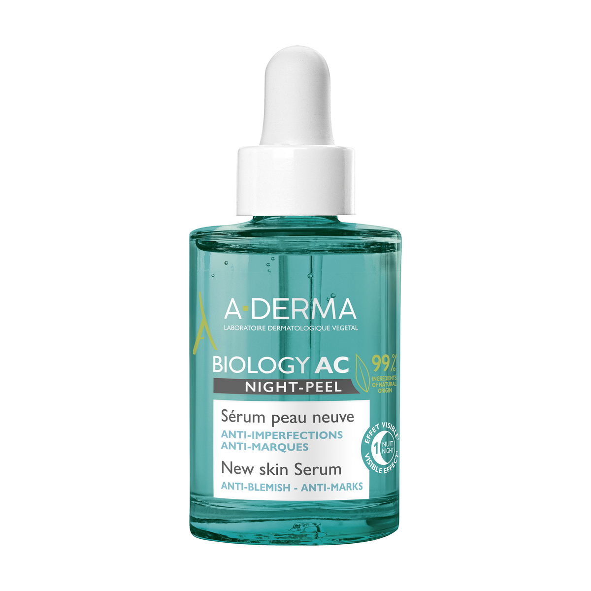 A-Derma Biology AC Night-Peel New Skin Serum 30ml, front of the glass bottle