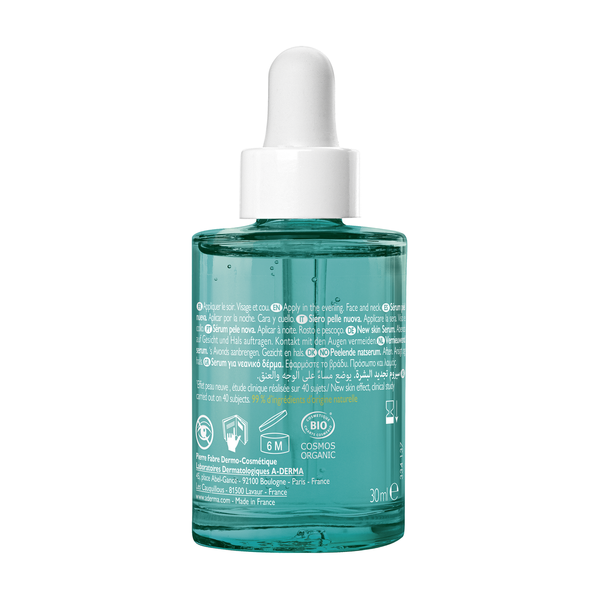 A-Derma Biology AC, back of the glass bottle with directions