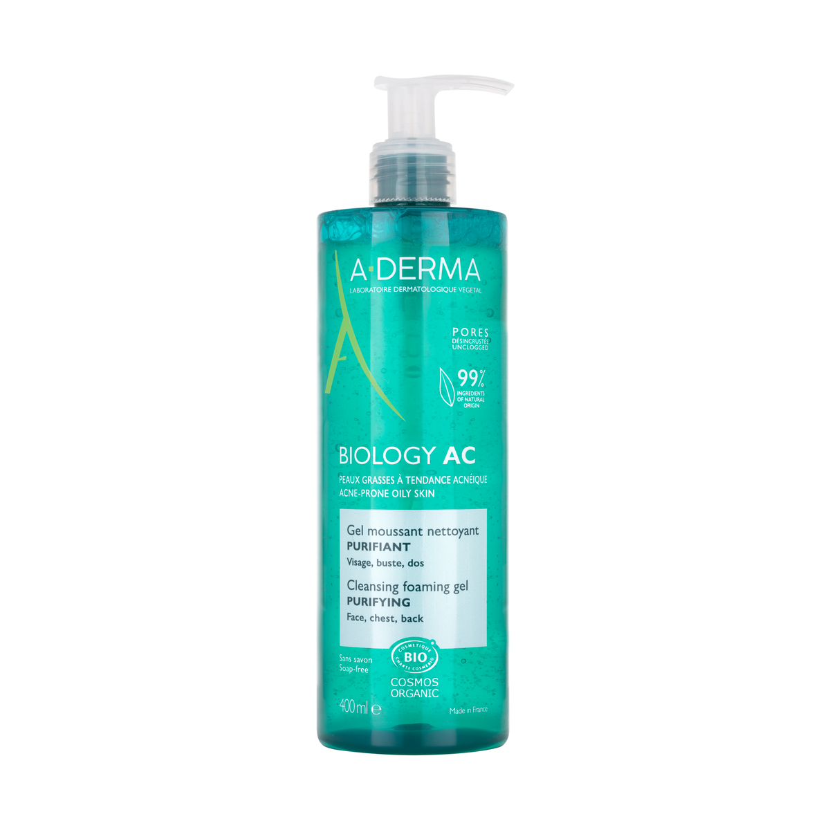A-Derma Biology AC Purifying Foaming Cleansing Gel 400ml, front of the pump bottle