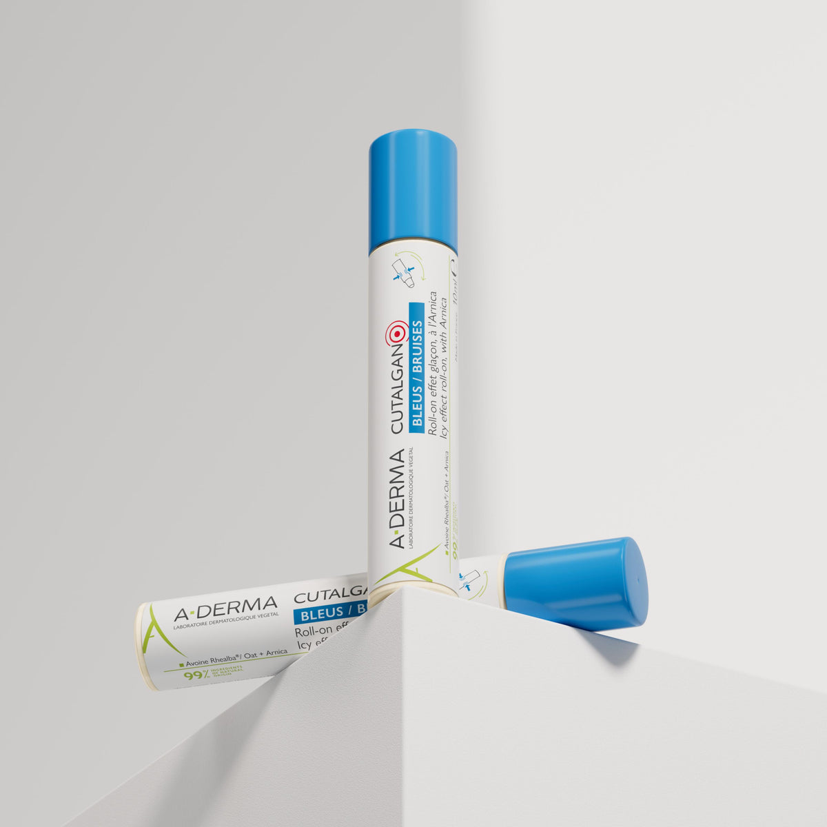 A-Derma Cutalgan, two roll-ons on a white display block