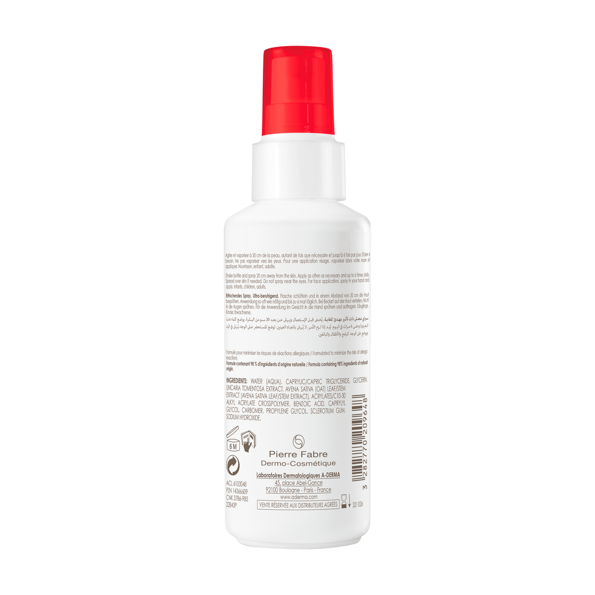 A-Derma Cutalgan 100ml, back label with ingredient list