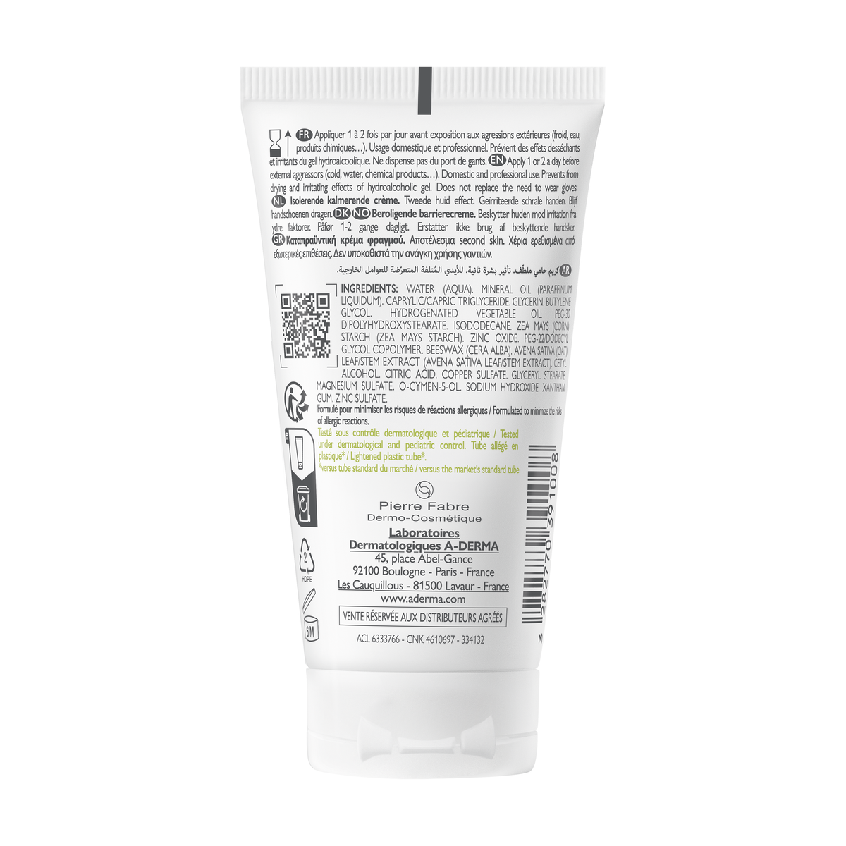 A-Derma Dermalibour+ Barrier 50ml, back label with ingredient list