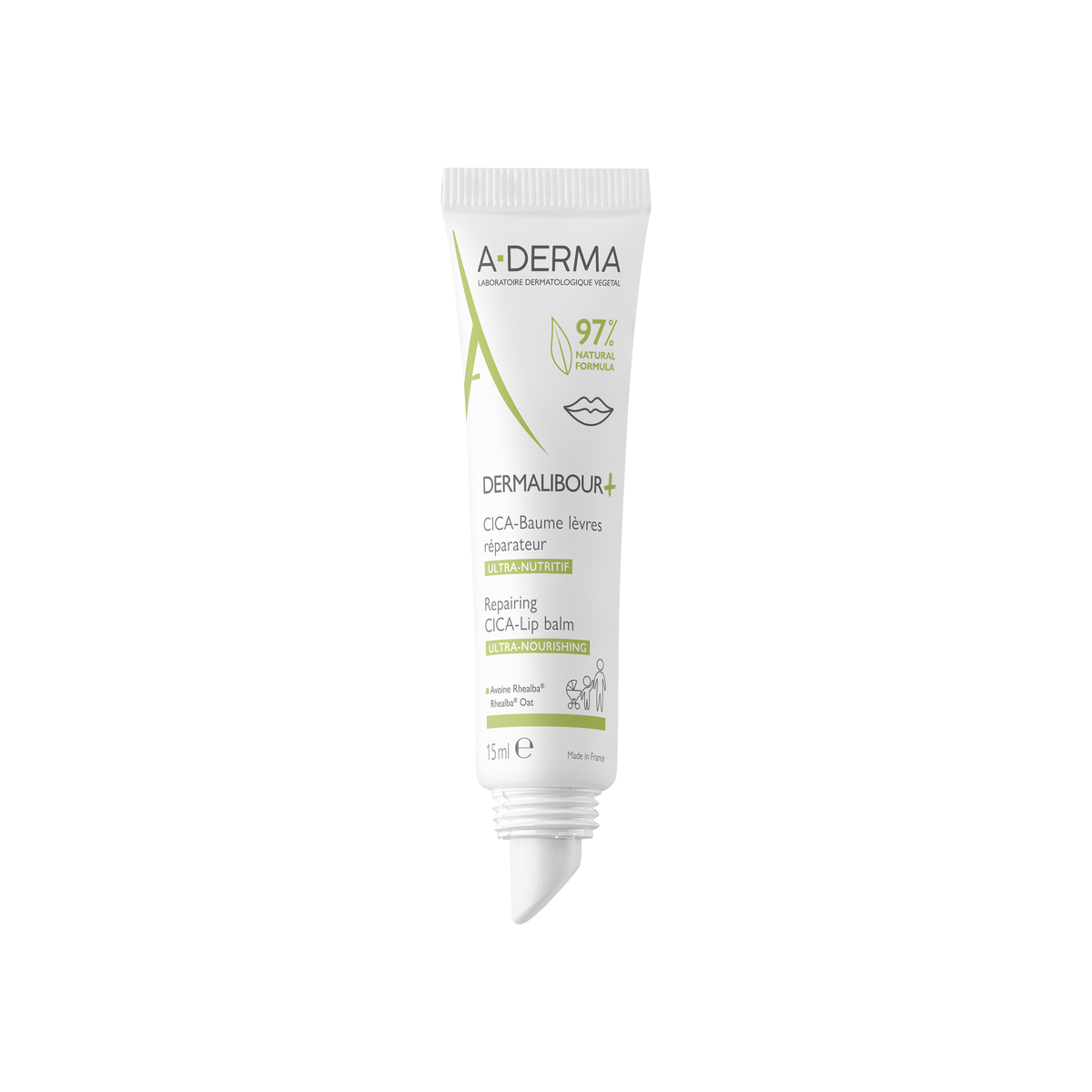 A-Derma Dermalibour+ Cica Repairing Lip Balm 15ml, front of the tube