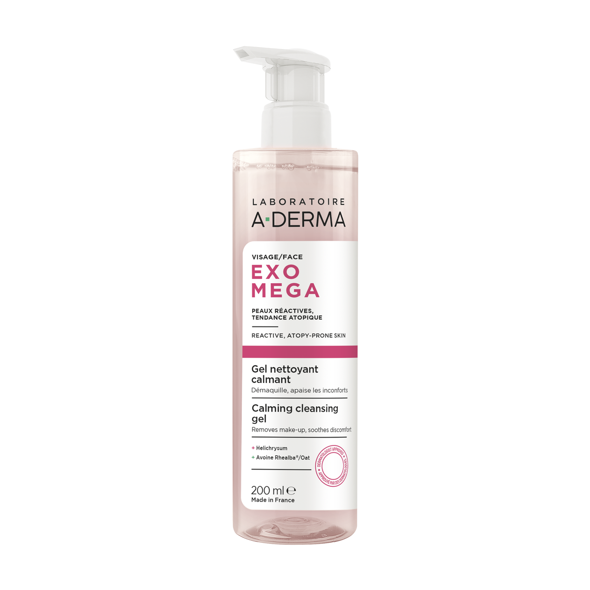 A-Derma Exomega Calming Face Cleansing Gel 200ml, front of the pump bottle
