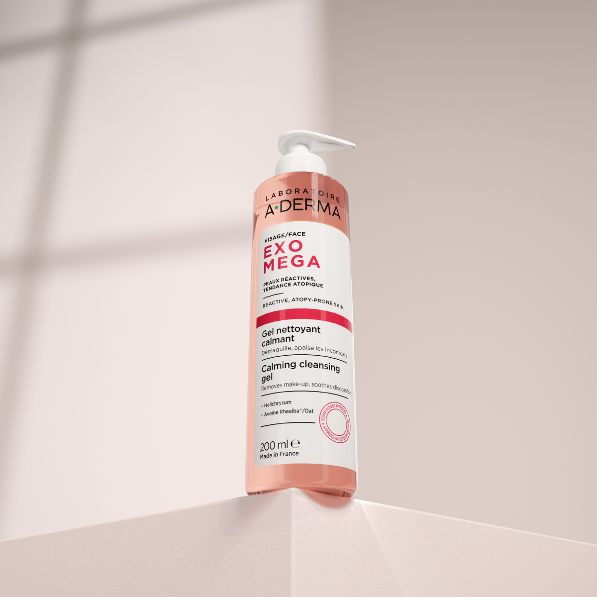 A-Derma Exomega, pump bottle on a sunlit display block