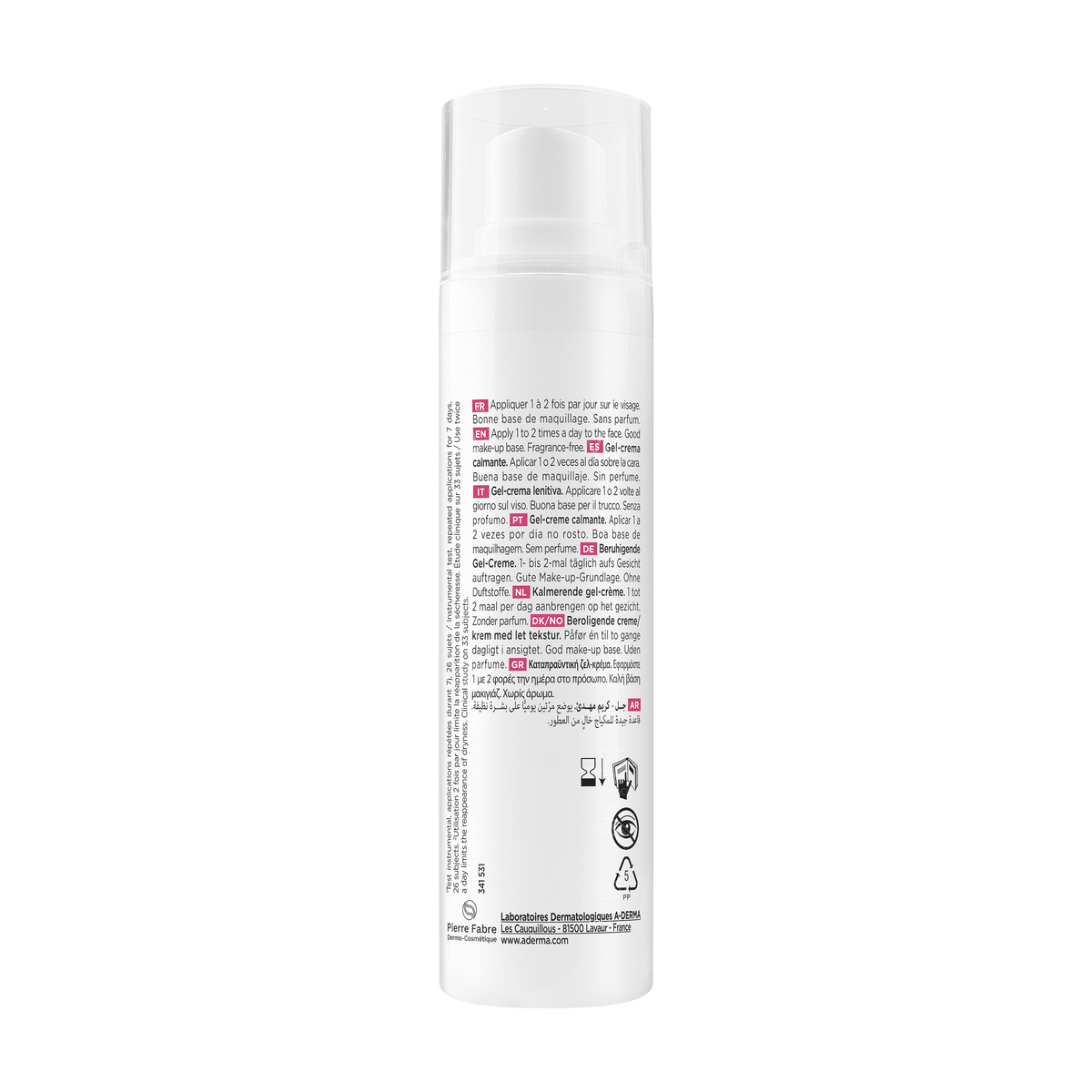 A-Derma Exomega 40ml, back of the pump bottle with directions