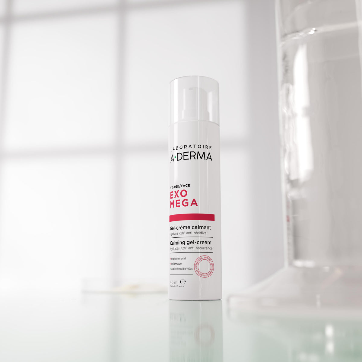 A-Derma Exomega, pump bottle in a bright laboratory setting