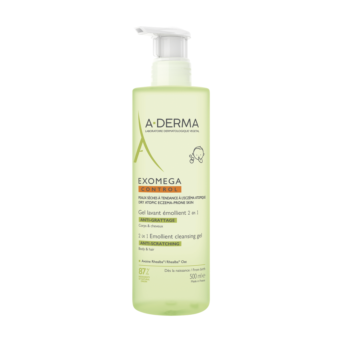 A-Derma Exomega Control 2-in-1 Emollient Cleansing Gel 500ml, front of the pump bottle