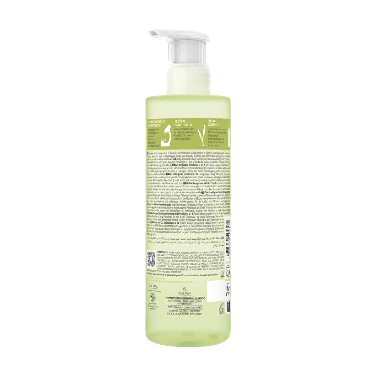 A-Derma Exomega Control 500ml, back label with ingredient list