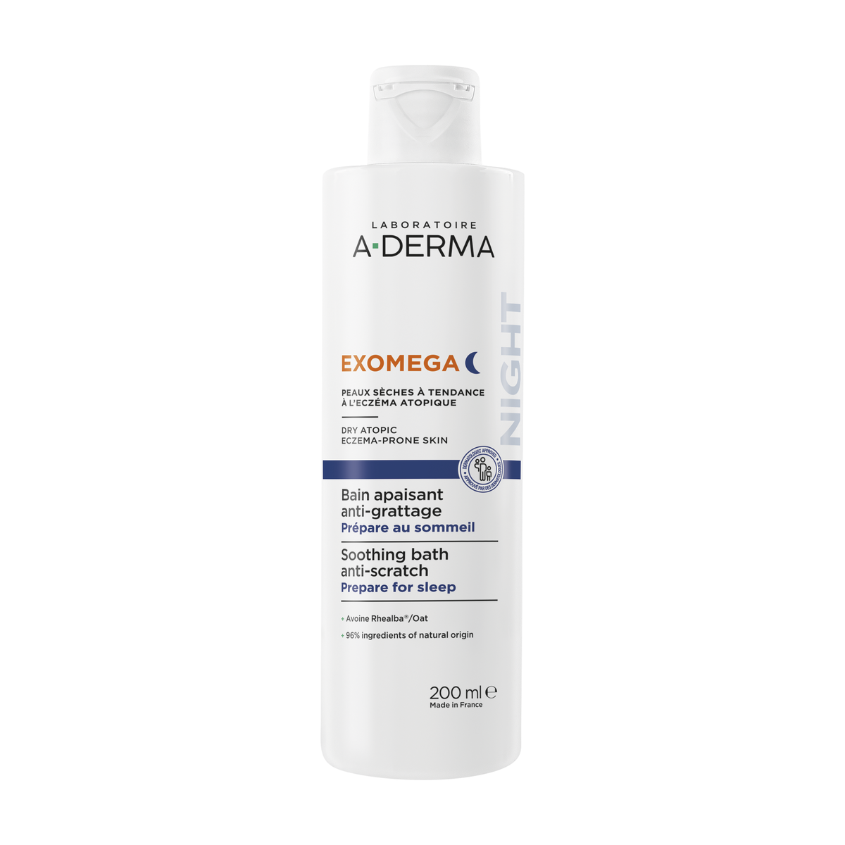 A-Derma Exomega Control Soothing Anti-Scratch Bath 200ml, front of the flip-top bottle