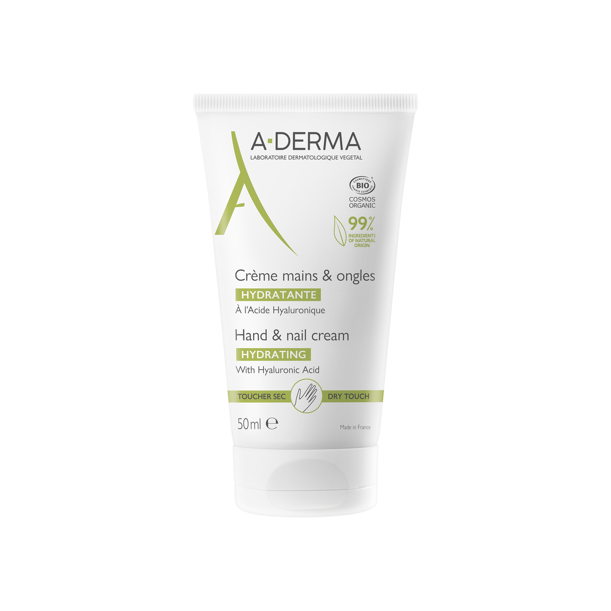 A-Derma Les Indispensables Hydrating Hand and Nail Cream 50ml, front of the tube