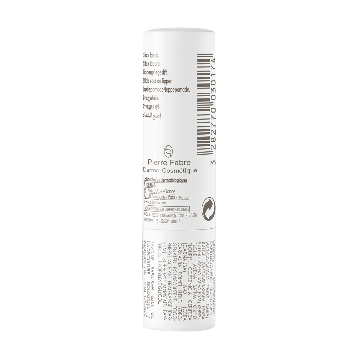 A-Derma Les Indispensables 4g, back label with ingredient list