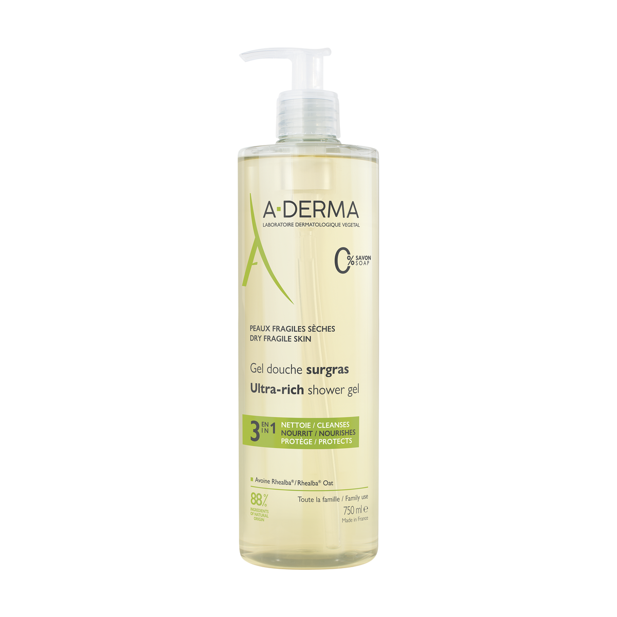 A-Derma Les Indispensables Rich Shower Gel 750ml, front of the pump bottle
