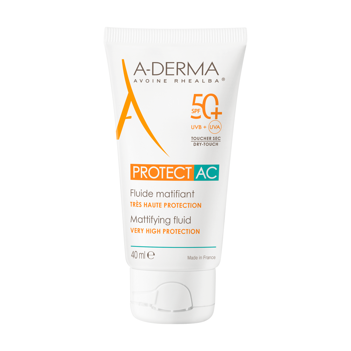 A-Derma Protect AC Mattifying Sunscreen Fluid SPF 50+ 40ml, front of the tube