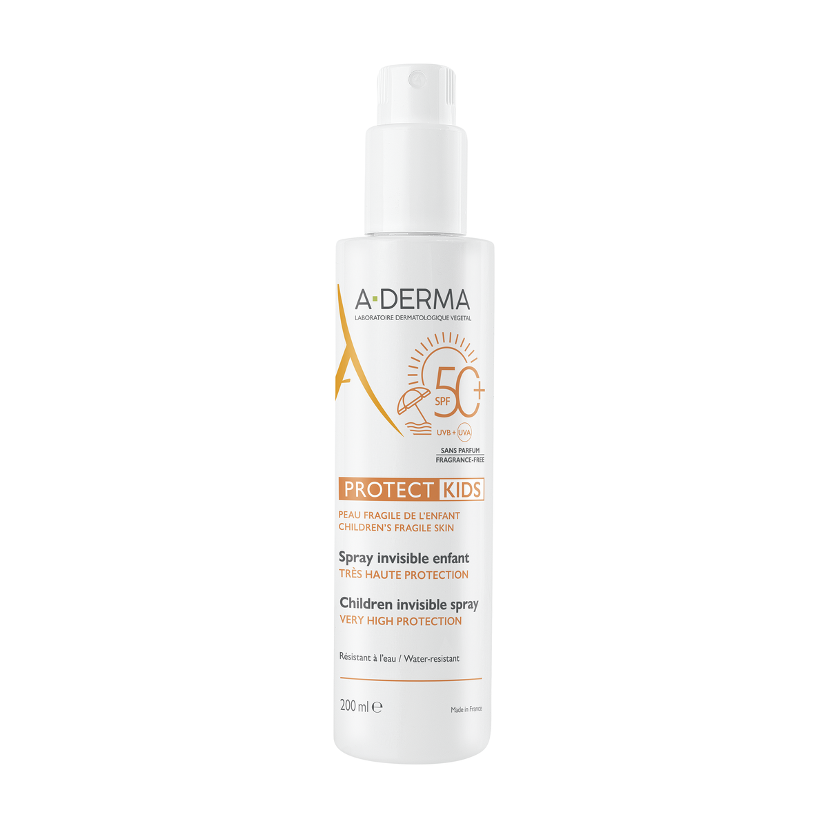 A-Derma Protect Kids Invisible Sunscreen Spray SPF 50+ 200ml, front of the spray bottle