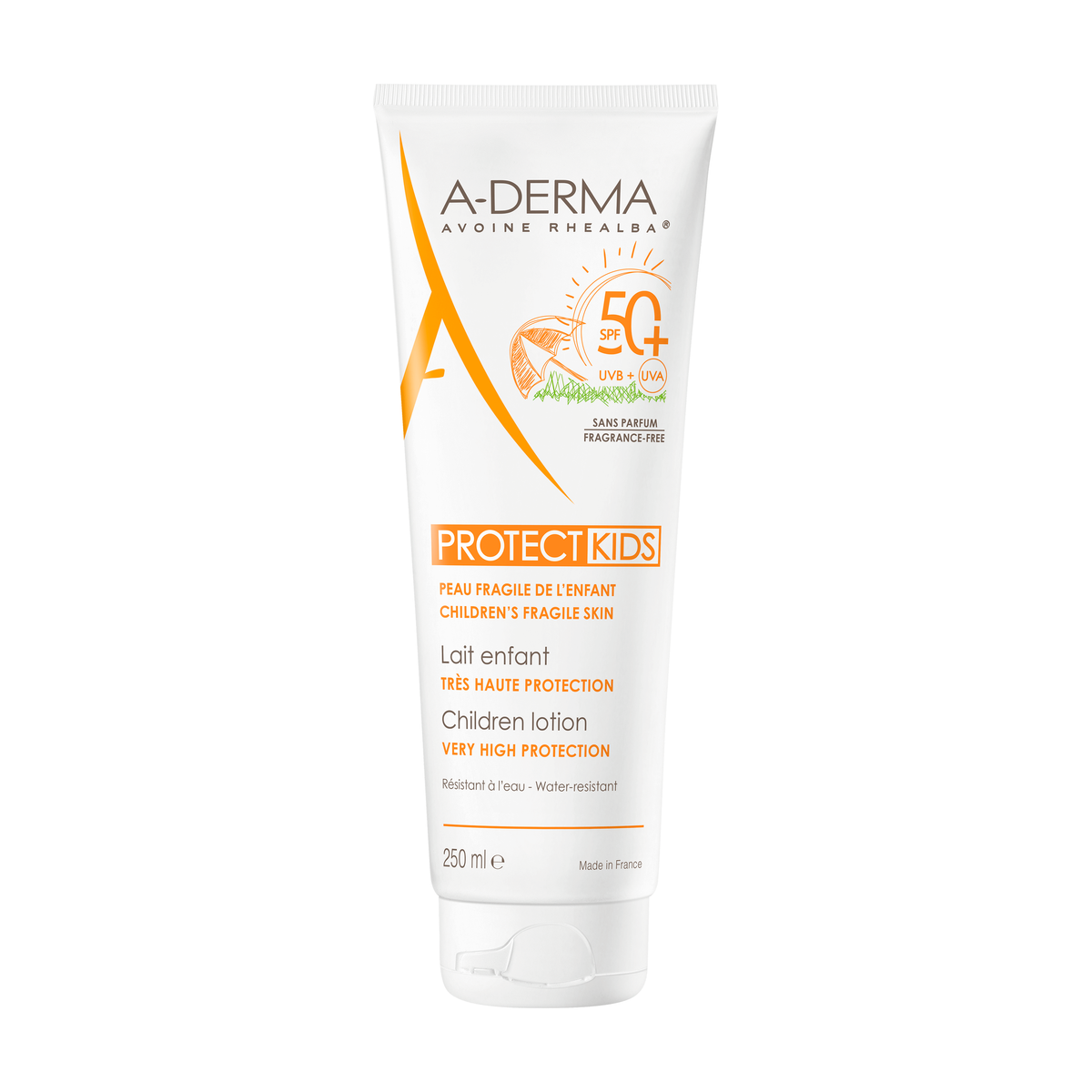 A-Derma Protect Kids Sunscreen Lotion SPF 50+ 250ml, front of the tube