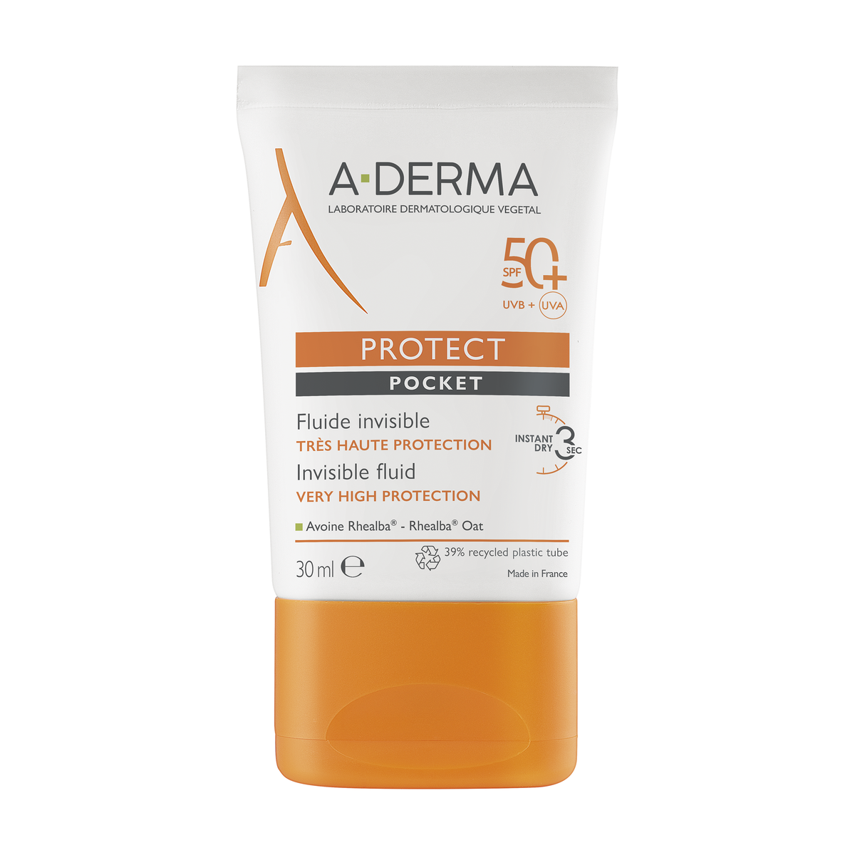 A-Derma Protect Invisible Face Sunscreen Fluid SPF 50+ 30ml, front of the tube