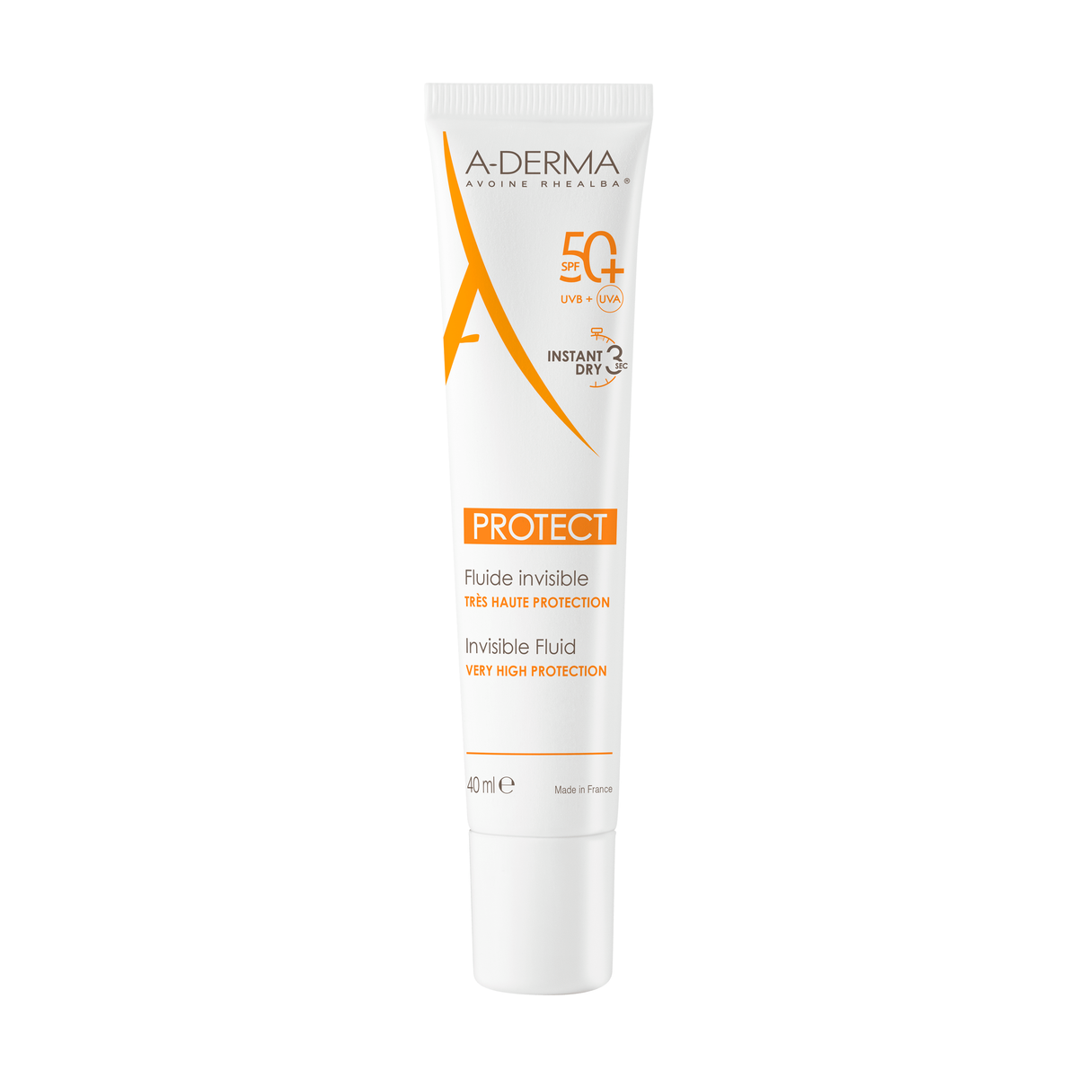 A-Derma Protect Invisible Face Sunscreen Fluid SPF 50+ 40ml, front of the tube