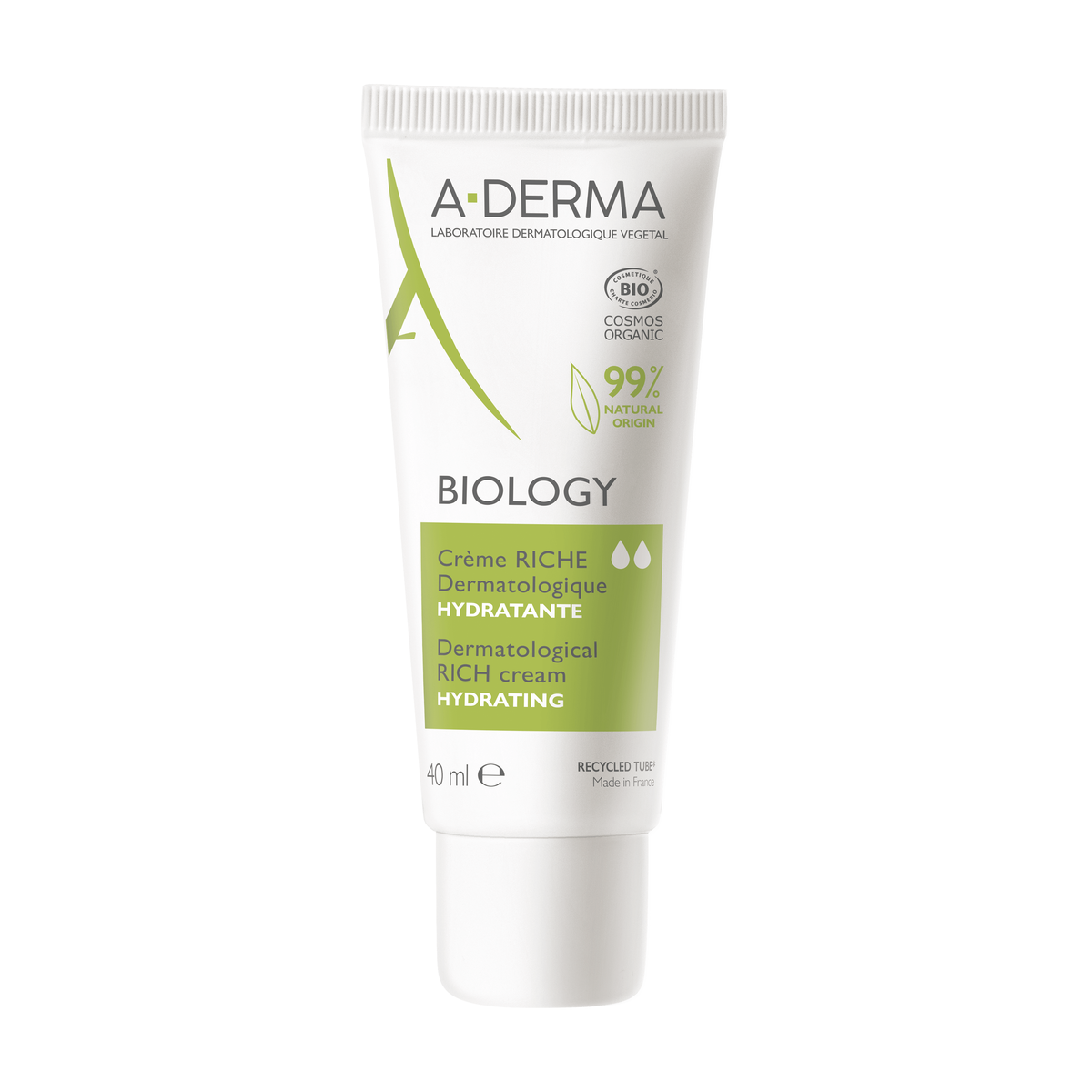 A-Derma Biology Organic Hydrating Dermatologic Cream 40ml, front of the tube