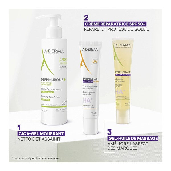 A-Derma Epitheliale, three-step routine with the Dermalibour+ gel, the cream and a massage gel-oil