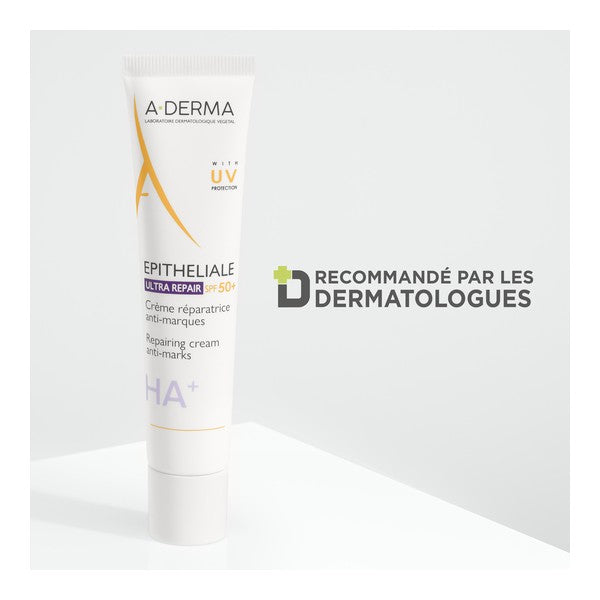 A-Derma Epitheliale, tube on a white step with a badge in French