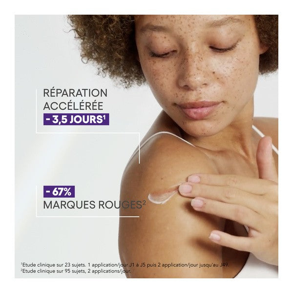 A-Derma Epitheliale, woman applying the cream to her shoulder with study results in French