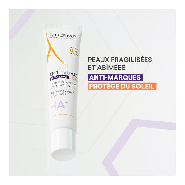 A-Derma Epitheliale, tube with three benefit labels in French