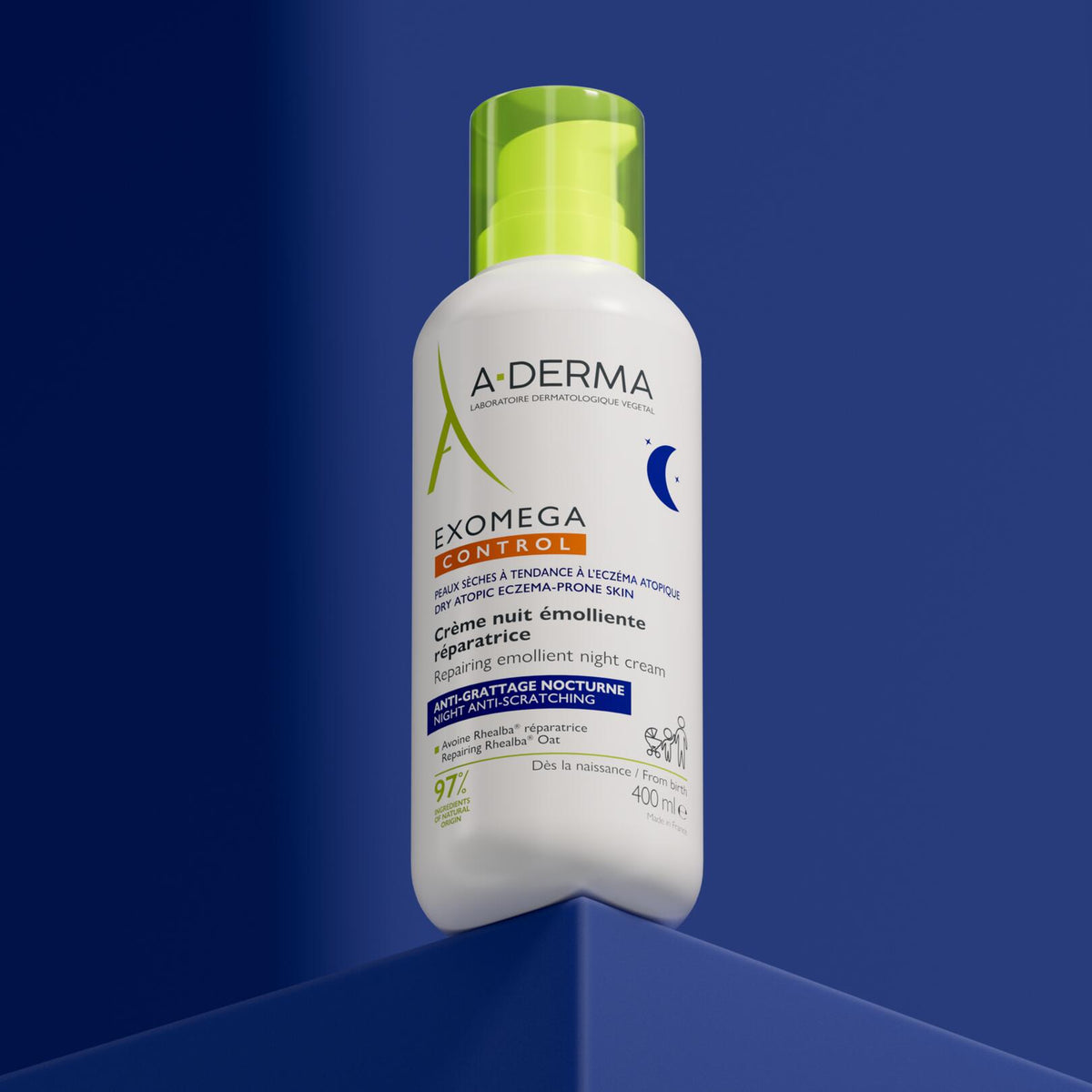A-Derma Exomega Control, pump bottle on a dark blue block