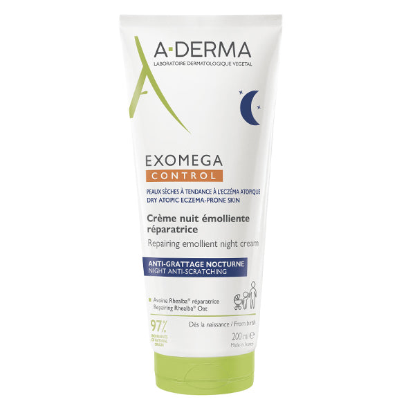A-Derma Exomega Control Emollient Night Cream 200ml, front of the tube