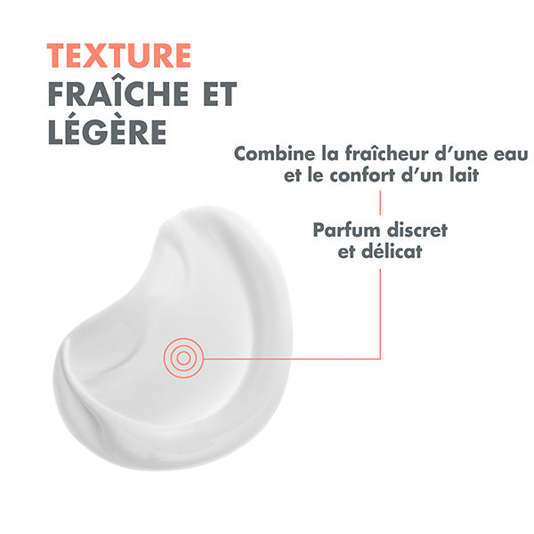 Avène 3 in 1 Cleansing Fluid, fluid texture swatch with callouts in French