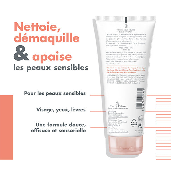 Avène 3 in 1 Cleansing Fluid, back of the tube with callouts in French