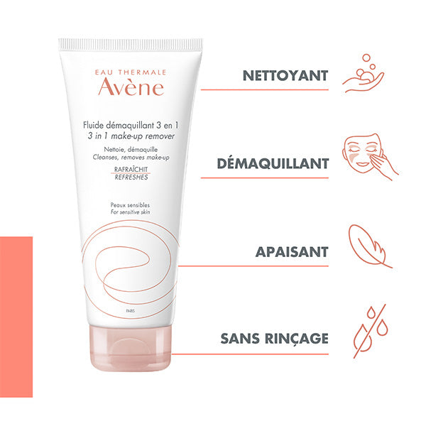 Avène 3 in 1 Cleansing Fluid, tube with four feature icons in French