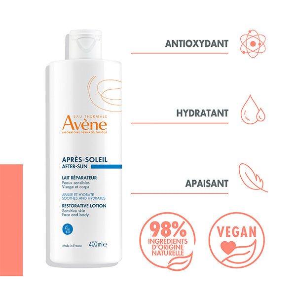 Avène After-Sun, bottle with feature icons and logos in French