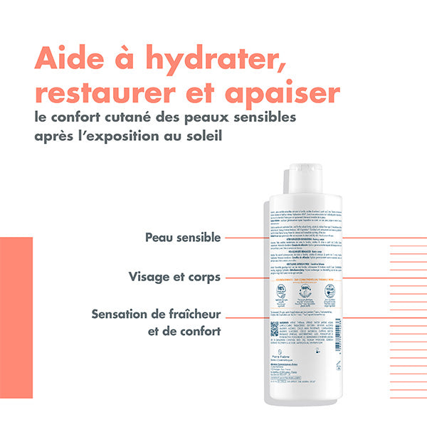 Avène After-Sun, back of the bottle with product benefits in French