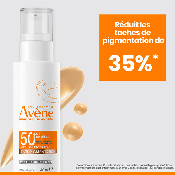 Avène Anti-Pigmentation, pump bottle and tinted fluid swatch with study results in French