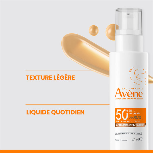 Avène Anti-Pigmentation, pump bottle and tinted fluid swatches with callouts in French