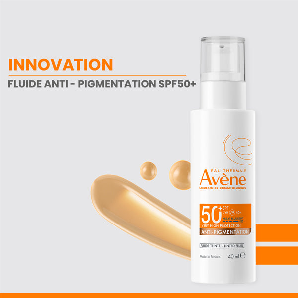 Avène Anti-Pigmentation, pump bottle and tinted swatch with an innovation banner in French