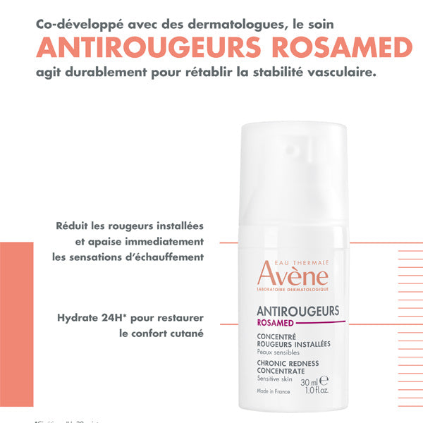 Avène Antirougeurs Rosamed, pump bottle with callouts in French