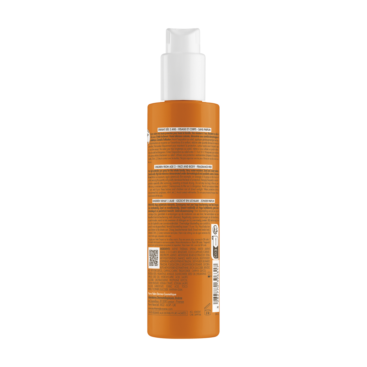 Avène Solaire, back label with ingredient list