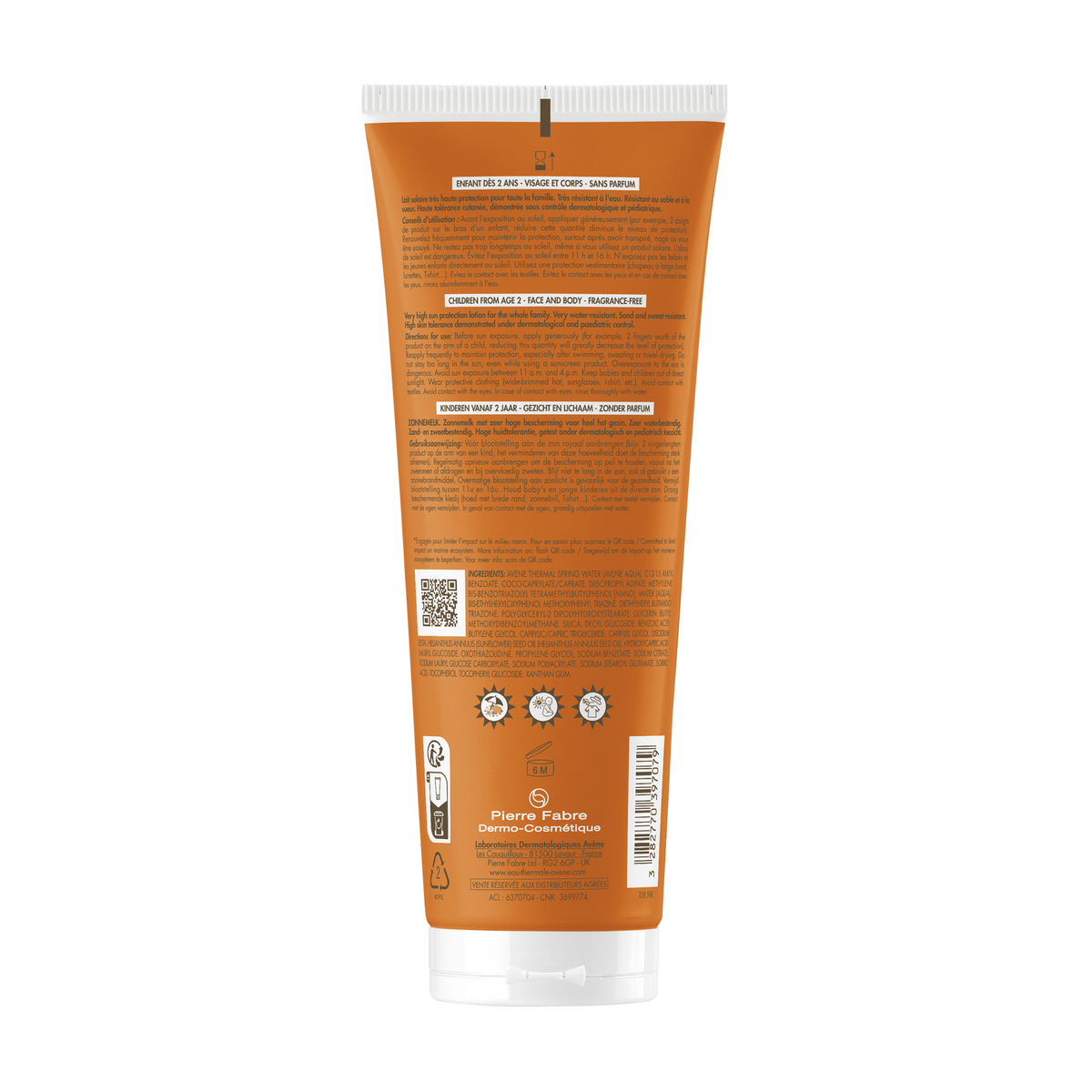 Avène Solaire, back label with ingredient list