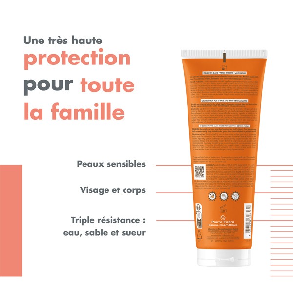 Avène Solaire, back of the tube with product benefits in French