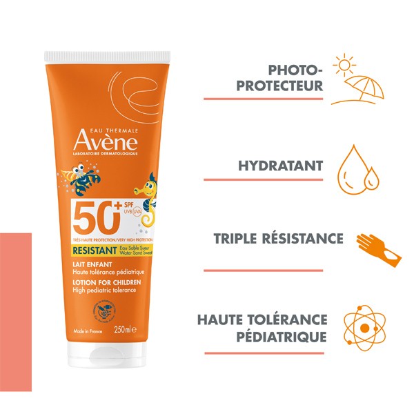 Avène Solaire, tube with four feature icons in French