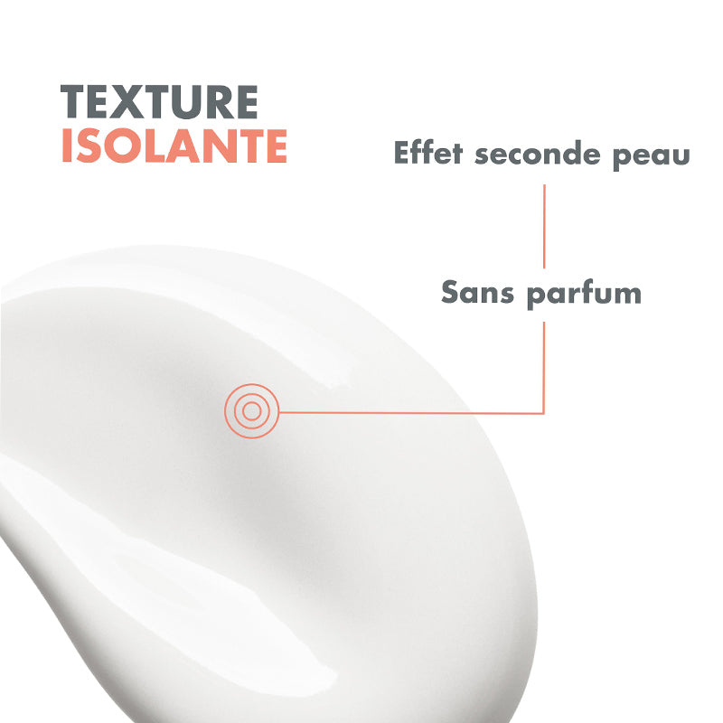 Avène Cicalfate, cream texture swatch with callouts in French