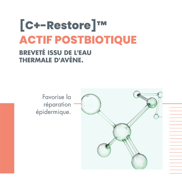 Avène Cicalfate+, key ingredient: C+-Restore postbiotic with a molecule illustration