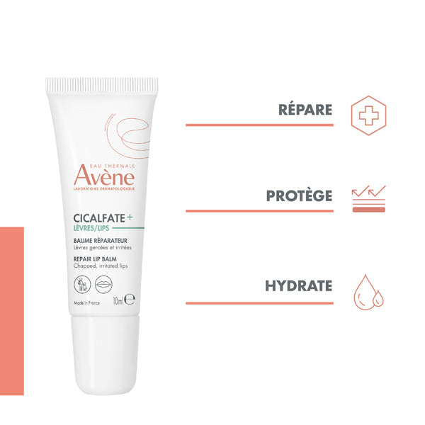 Avène Cicalfate+, tube with three feature icons in French