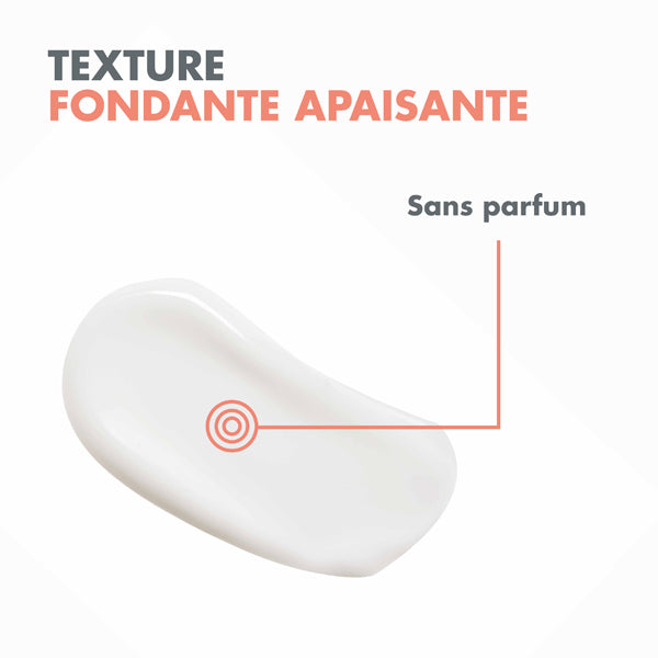 Avène Cicalfate+, balm texture swatch with callouts in French