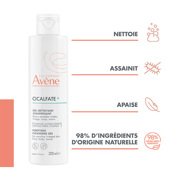 Avène Cicalfate+, bottle with four feature icons in French