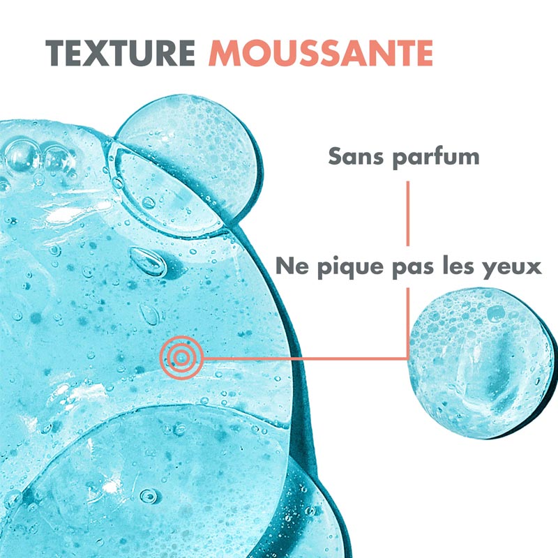 Avène Cicalfate+, gel texture swatch with callouts in French